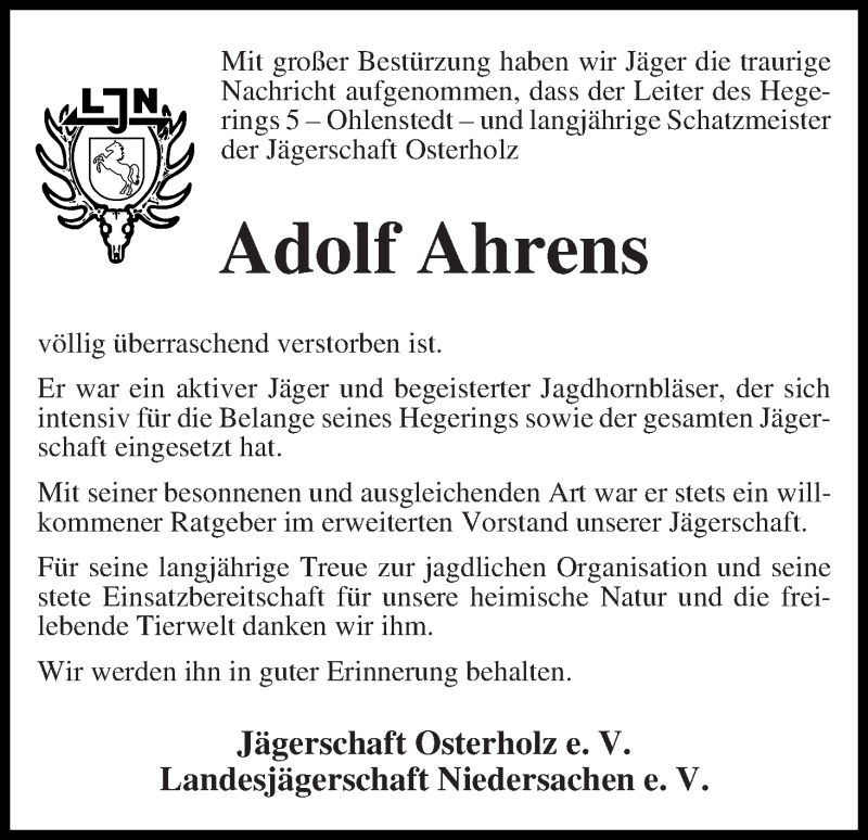 Traueranzeige von Adolf Ahrens von Die Norddeutsche