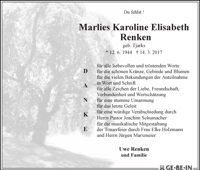 Traueranzeige von Marlies Karoline Elisabeth Renken von WESER-KURIER