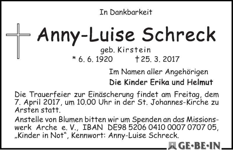 Traueranzeige von Anny-Luise Schreck von WESER-KURIER