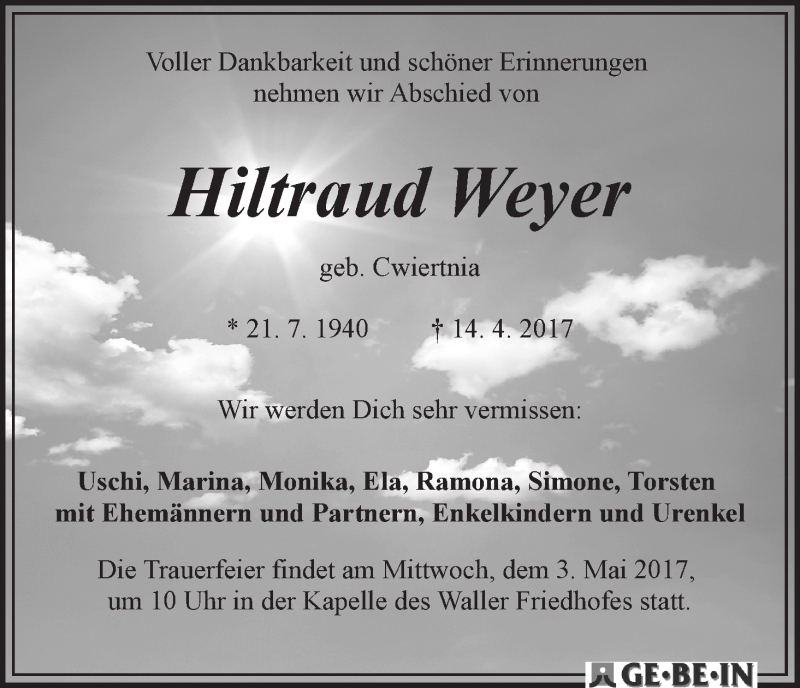 Traueranzeige von Hiltraud Weyer von WESER-KURIER