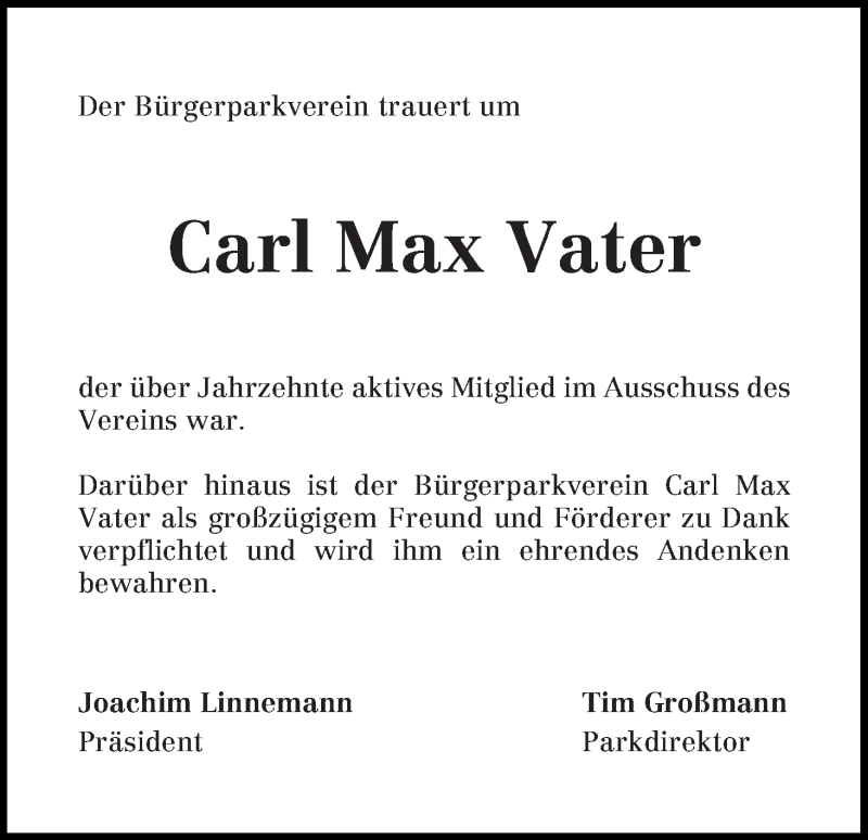 Traueranzeige von Carl Max Vater von WESER-KURIER