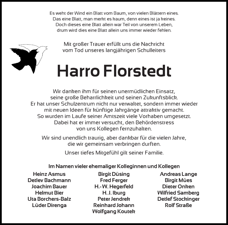  Traueranzeige für Harro Florstedt vom 28.04.2017 aus Die Norddeutsche