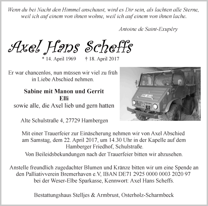  Traueranzeige für Axel Hans Scheffs vom 20.04.2017 aus Osterholzer Kreisblatt