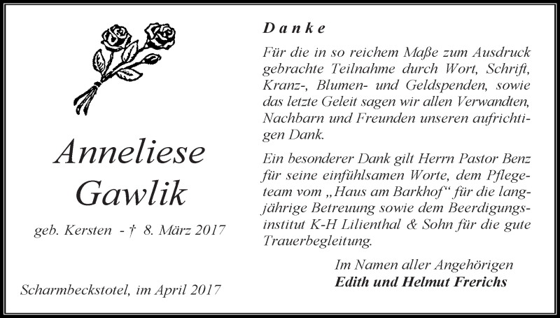 Traueranzeige von Anneliese Gawlik von Osterholzer Kreisblatt