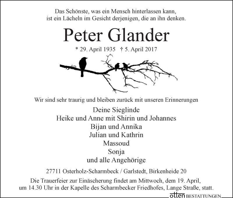 Traueranzeige von Peter Glander von Osterholzer Kreisblatt