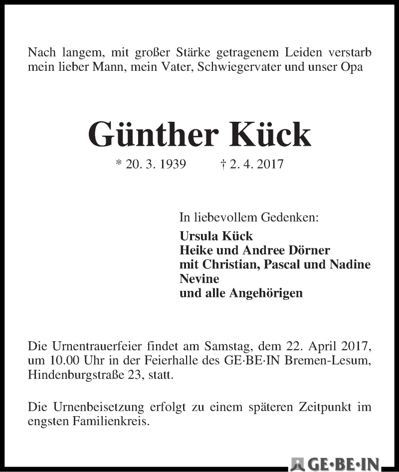 Traueranzeige von Günther Kück von Die Norddeutsche