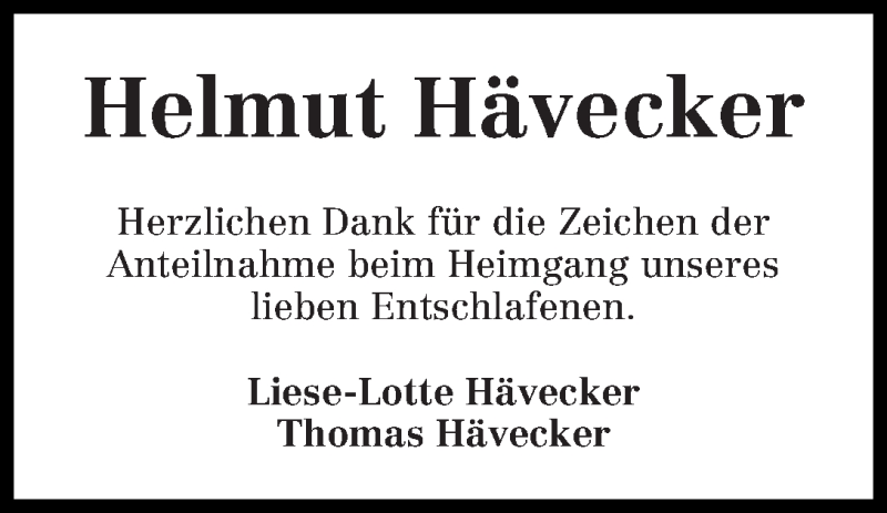 Traueranzeige von Helmut Hävecker von WESER-KURIER