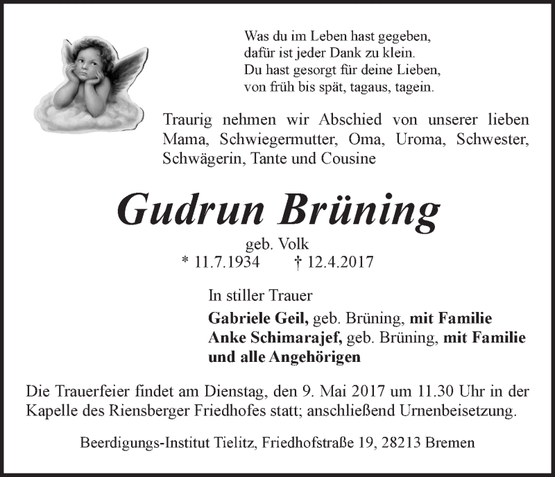 Traueranzeige von Gudrun Brüning von WESER-KURIER