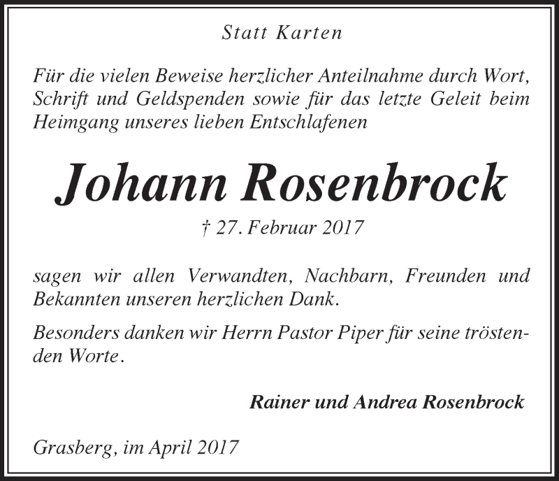 Traueranzeige von Johann Rosenbrock von Wuemme Zeitung