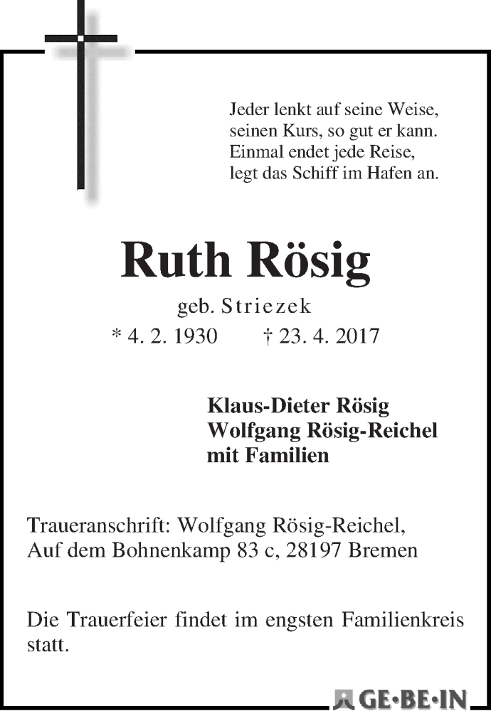 Traueranzeige von Ruth Rösig von WESER-KURIER