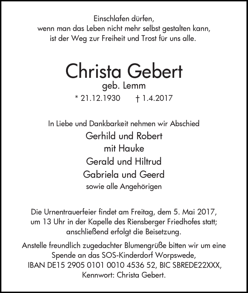 Traueranzeige von Christa Gebert von WESER-KURIER