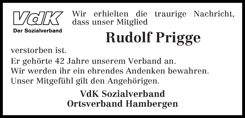 Traueranzeige von Rudolf Prigge von Osterholzer Kreisblatt