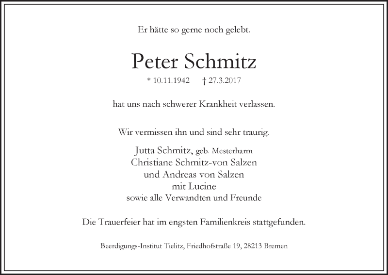Traueranzeige von Peter Schmitz von WESER-KURIER