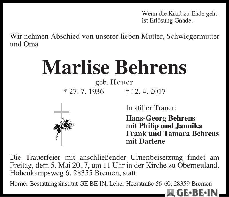 Traueranzeige von Marlise Behrens von WESER-KURIER