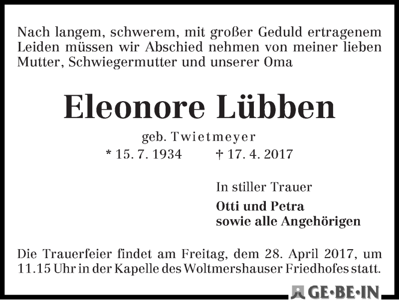 Traueranzeige von Eleonore Lübben von WESER-KURIER