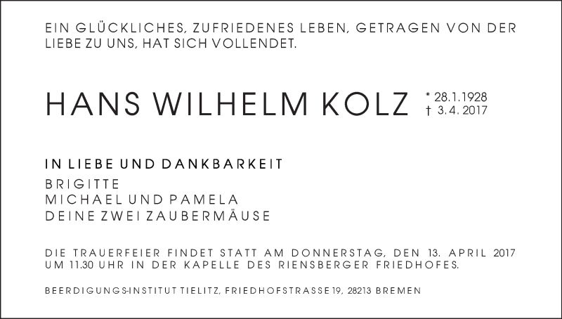 Traueranzeige von Hans-Wilhelm Kolz von WESER-KURIER