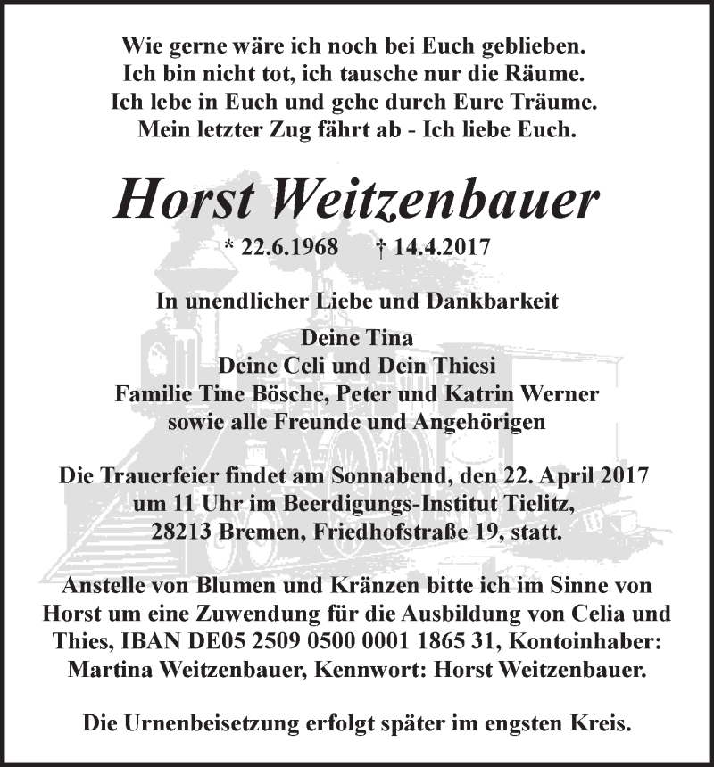  Traueranzeige für Horst Weitzenbauer vom 20.04.2017 aus Wuemme Zeitung