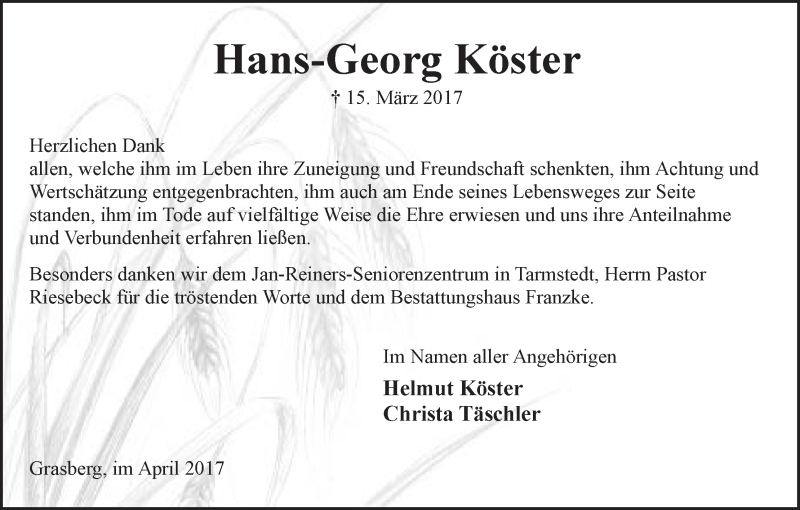 Traueranzeige von Hans-Georg Köster von Wuemme Zeitung