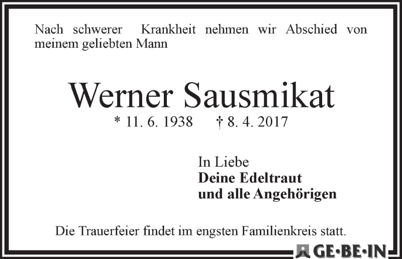 Traueranzeige von Werner Sausmikat von WESER-KURIER