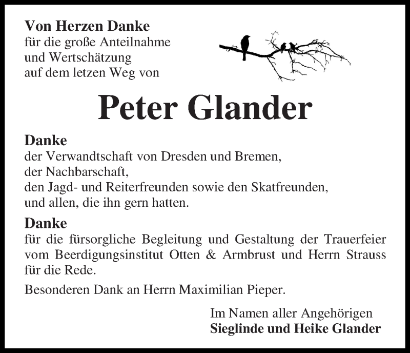 Traueranzeige von Peter Glander von Osterholzer Kreisblatt