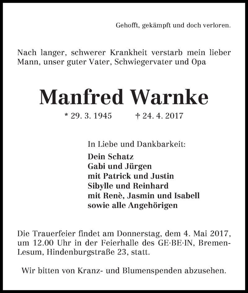 Traueranzeige von Manfred Warnke von Die Norddeutsche