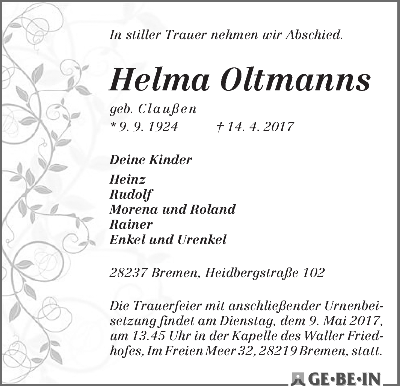 Traueranzeige von Helma Oltmanns von WESER-KURIER