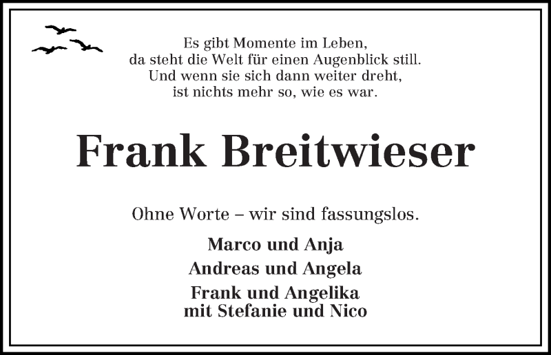  Traueranzeige für Frank Breitwieser vom 08.04.2017 aus WESER-KURIER