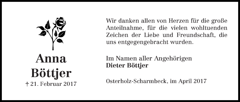 Traueranzeige von Anna Böttjer von Osterholzer Kreisblatt