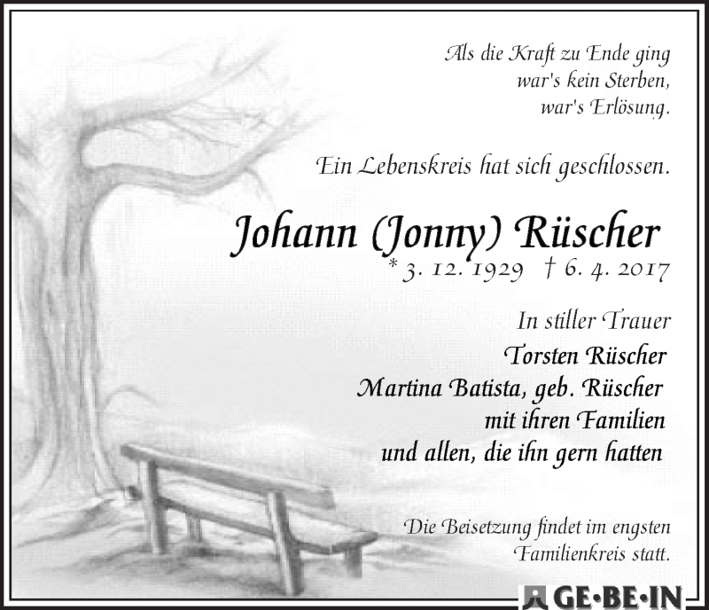 Traueranzeige von Johann (Jonny) RRüscher von WESER-KURIER
