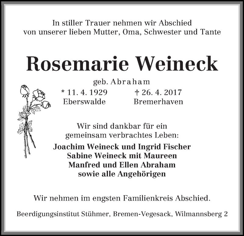 Traueranzeige von Rosemarie Weineck von Die Norddeutsche
