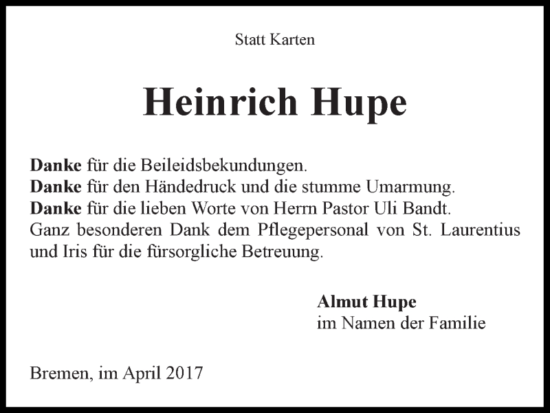 Traueranzeige von Heinrich Hupe von WESER-KURIER