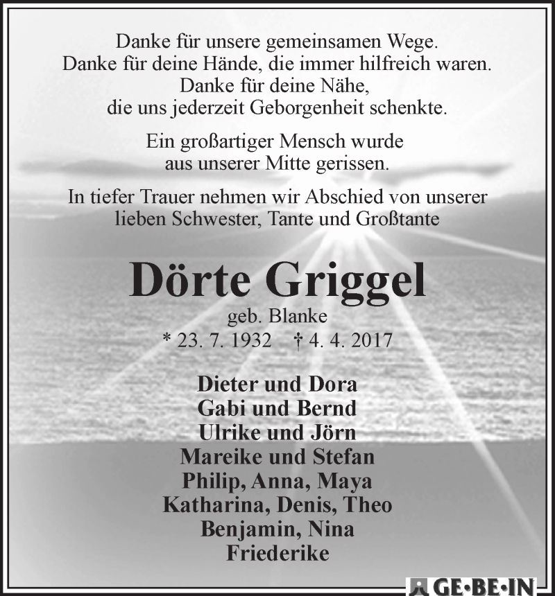 Traueranzeige von Dörte Griggel von WESER-KURIER