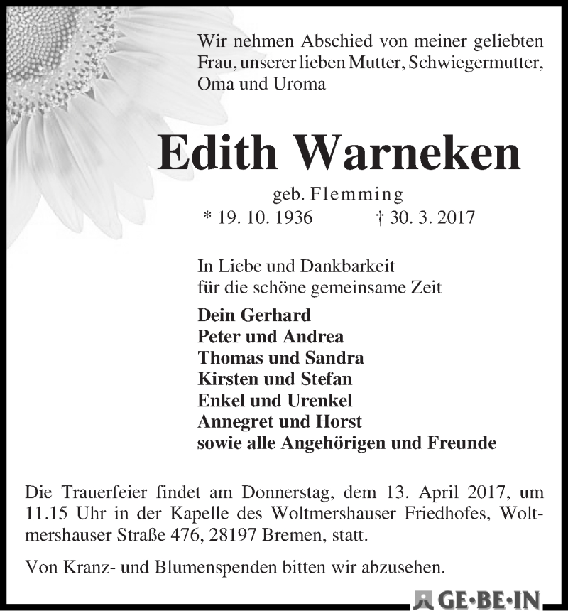 Traueranzeige von Edith Warneken von WESER-KURIER
