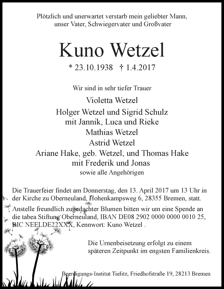 Traueranzeige von Kuno Wetzel von WESER-KURIER