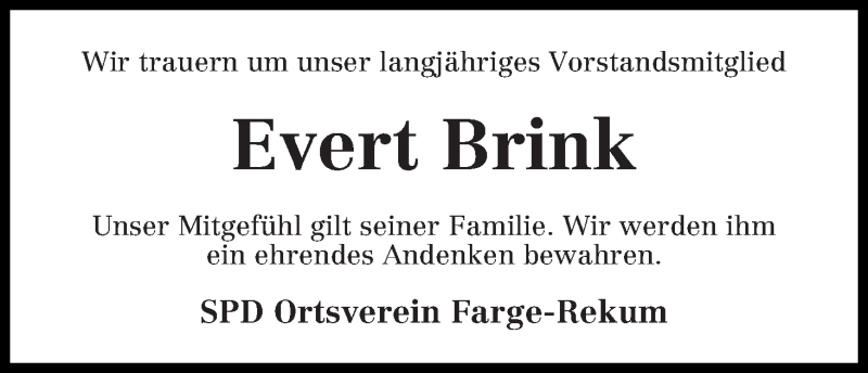 Traueranzeige von Evert Brink von Die Norddeutsche