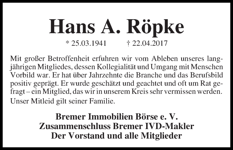 Traueranzeige von Hans A. Röpke von WESER-KURIER