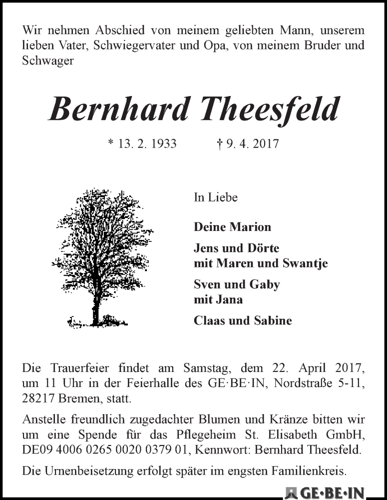 Traueranzeige von Bernhard Theesfeld von WESER-KURIER