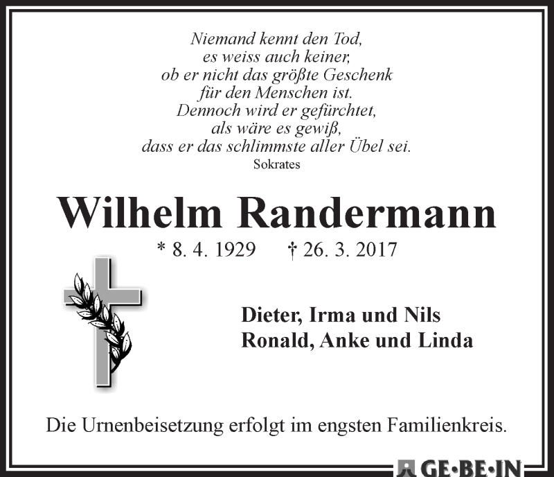 Traueranzeige von Wilhelm Randermann von WESER-KURIER