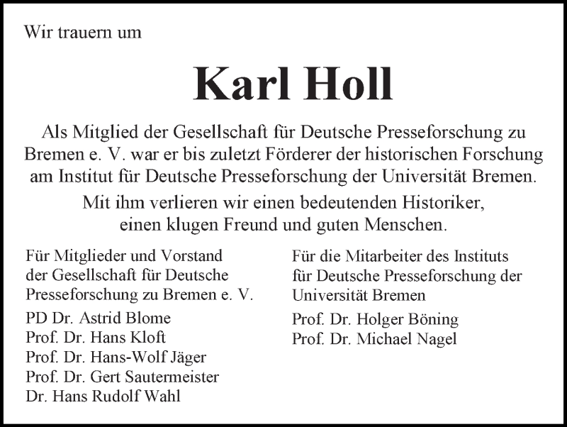 Traueranzeige von Karl Holl von WESER-KURIER