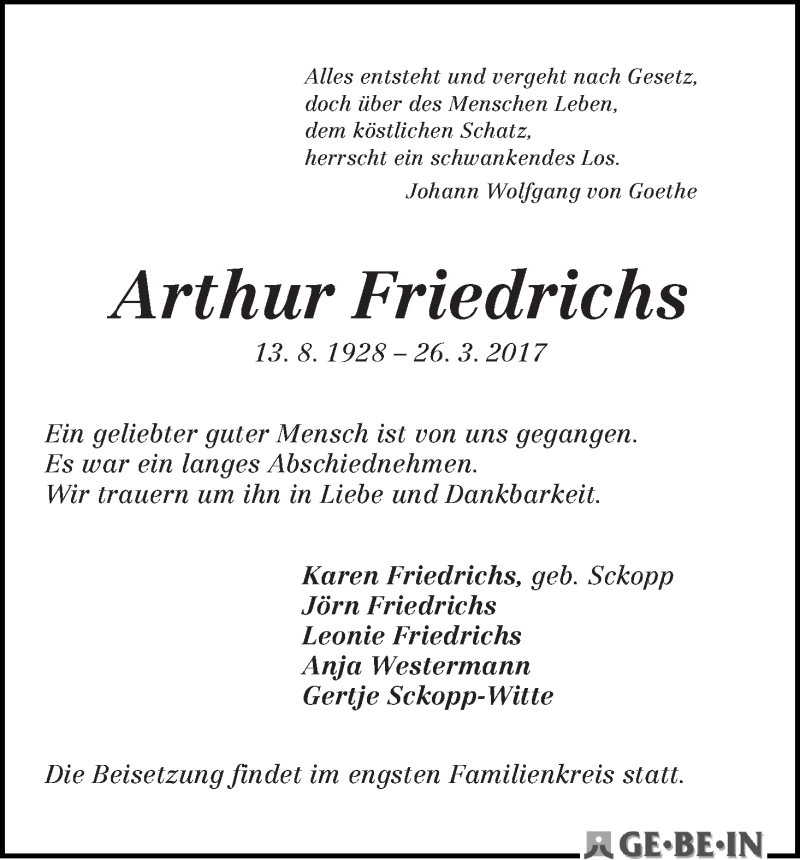Traueranzeige von Arthur Friedrichs von WESER-KURIER