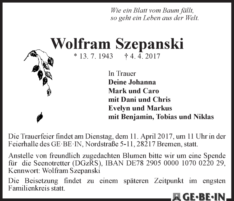 Traueranzeige von Wolfram Szepanski von WESER-KURIER