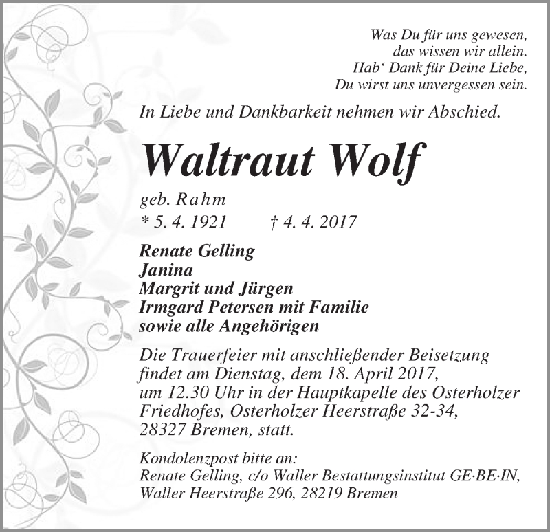 Traueranzeige von Waltraut Wolf von WESER-KURIER