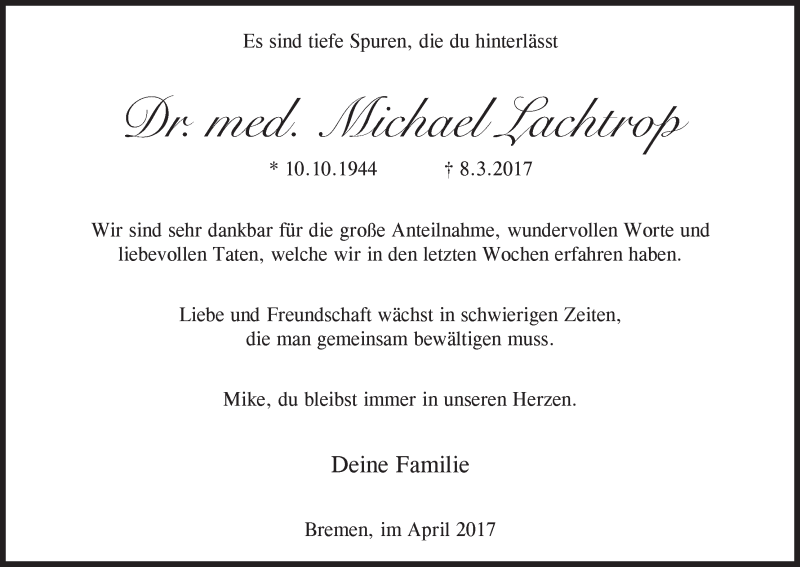 Traueranzeige von Michael Lachtrop von WESER-KURIER