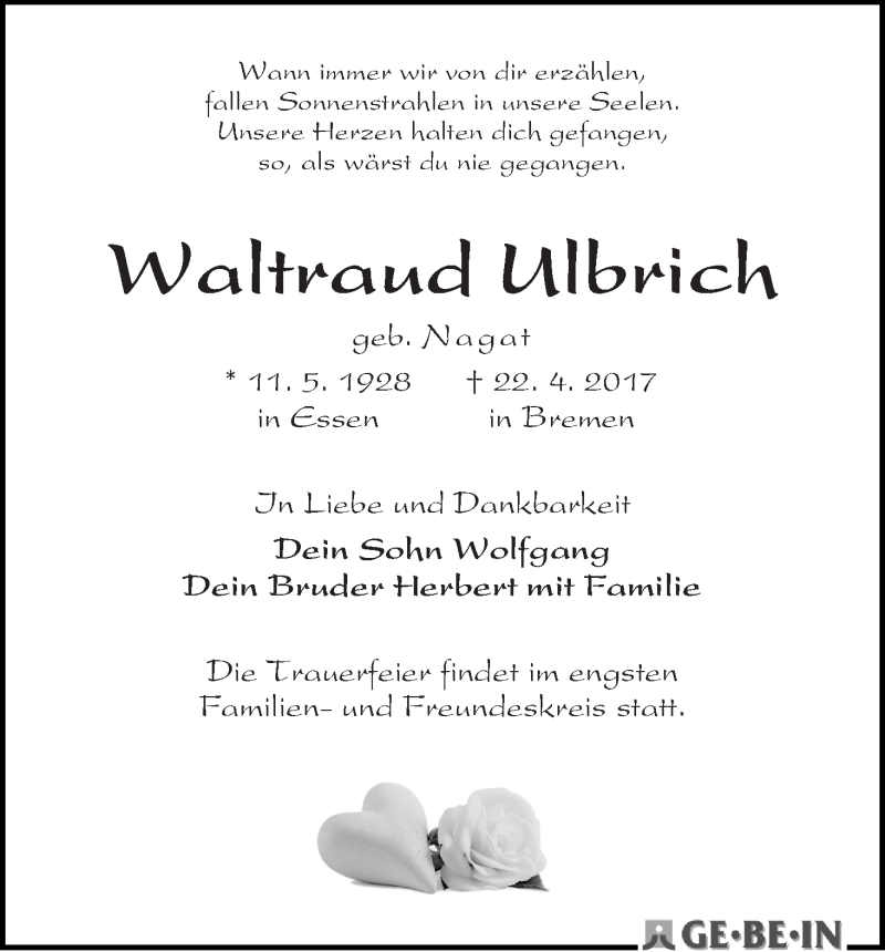 Traueranzeige von Waltraud Ulbrich von WESER-KURIER