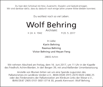 Traueranzeige von Wolf Behring