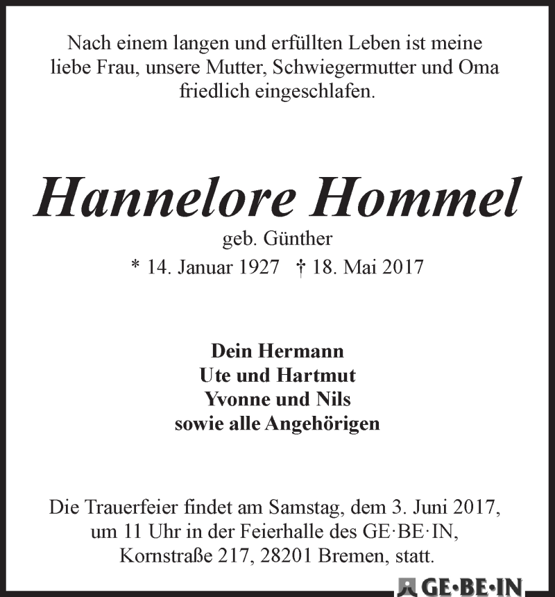  Traueranzeige für Hannelore Hommel vom 24.05.2017 aus WESER-KURIER