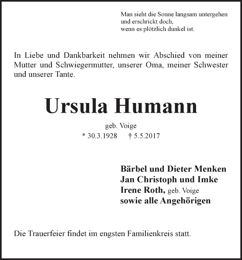 Traueranzeige von Ursula Humann von WESER-KURIER