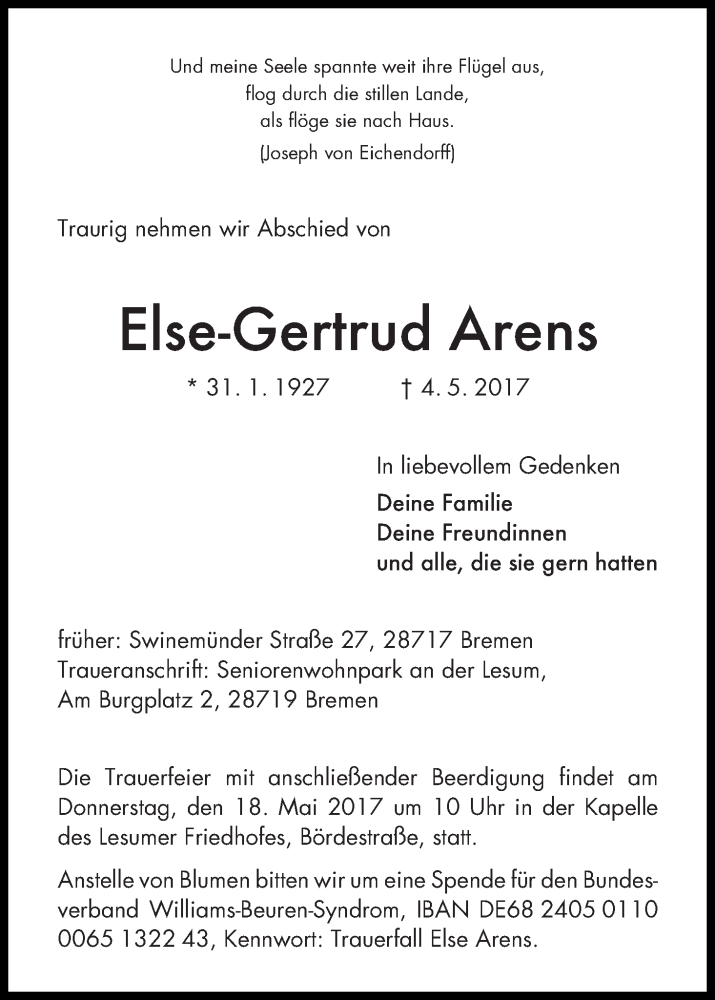 Traueranzeige von Else-Gertrud Arens von Die Norddeutsche