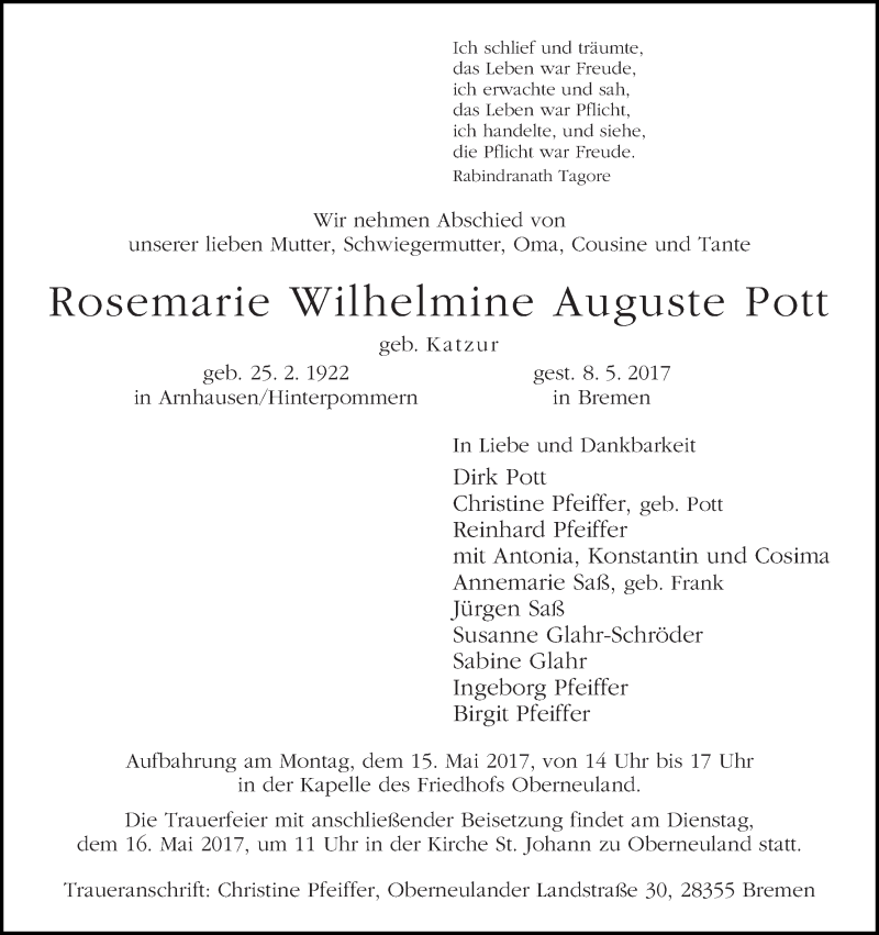 Traueranzeige von Rosemarie Wilhelmine Auguste Pott von WESER-KURIER