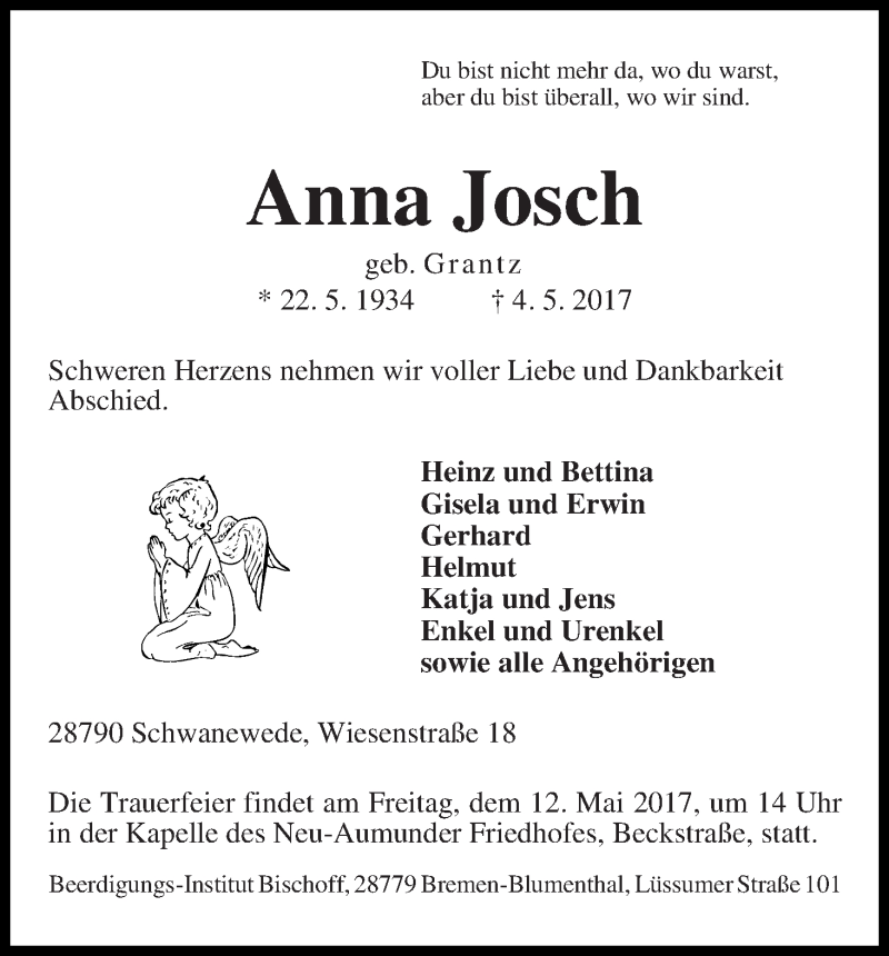  Traueranzeige für Anna Josch vom 09.05.2017 aus Die Norddeutsche